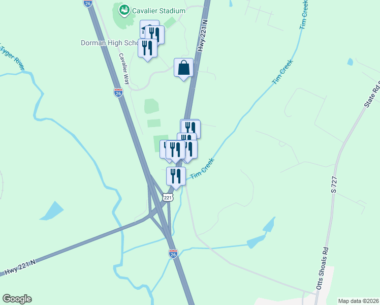 map of restaurants, bars, coffee shops, grocery stores, and more near 6167 U.S. 221 in Roebuck
