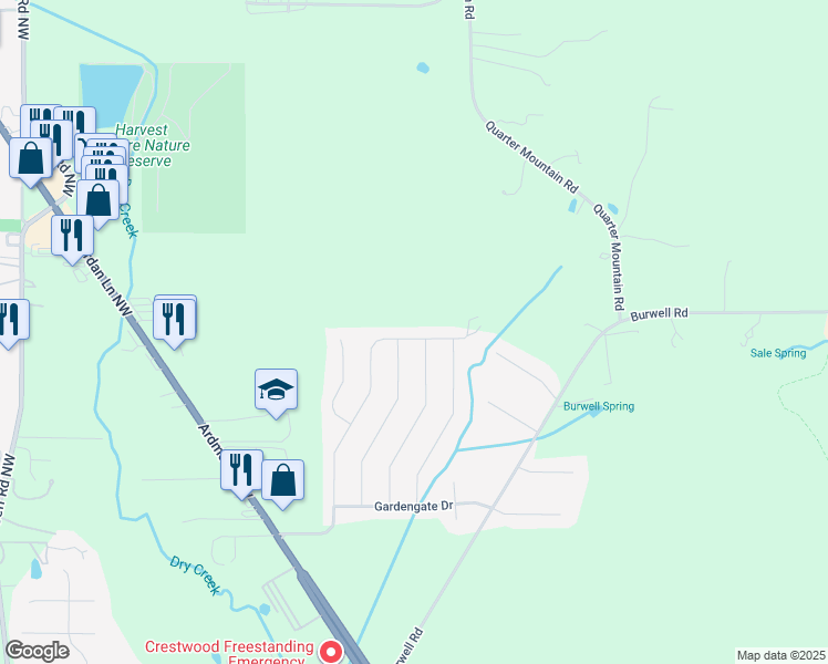 map of restaurants, bars, coffee shops, grocery stores, and more near 210 Green Garden Drive in Harvest