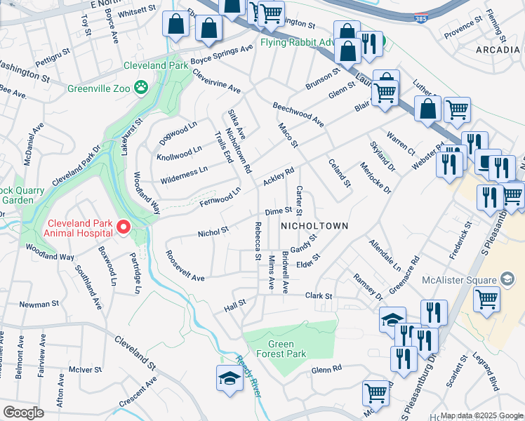 map of restaurants, bars, coffee shops, grocery stores, and more near 16 Rebecca Street in Greenville