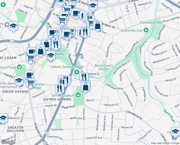 map of restaurants, bars, coffee shops, grocery stores, and more near 200 Ridgeland Drive in Greenville