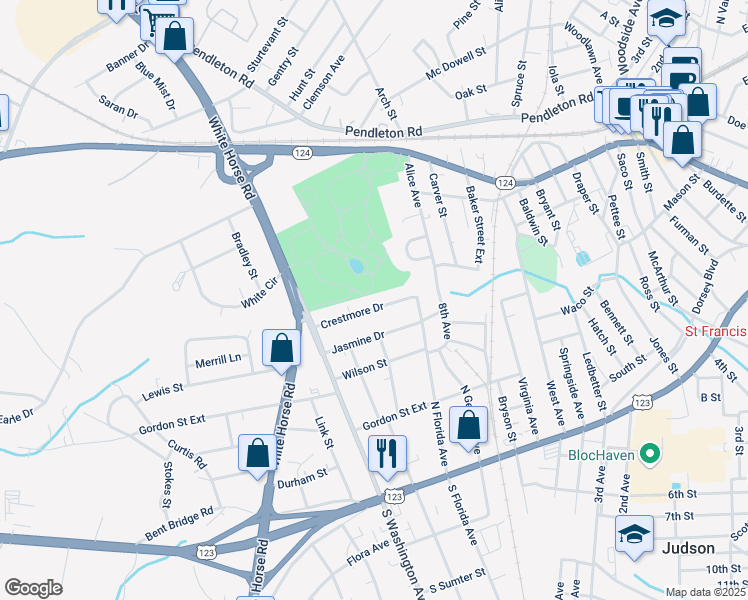 map of restaurants, bars, coffee shops, grocery stores, and more near 19 Crestmore Drive in Greenville