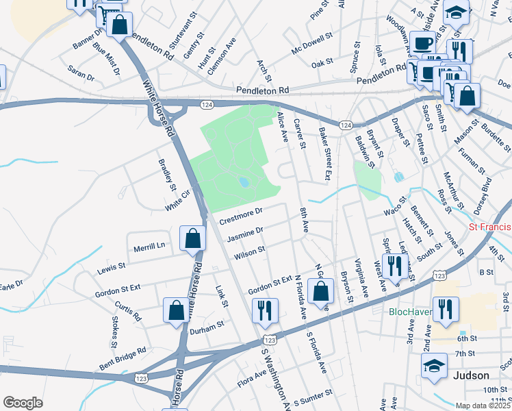 map of restaurants, bars, coffee shops, grocery stores, and more near 19 Crestmore Drive in Greenville