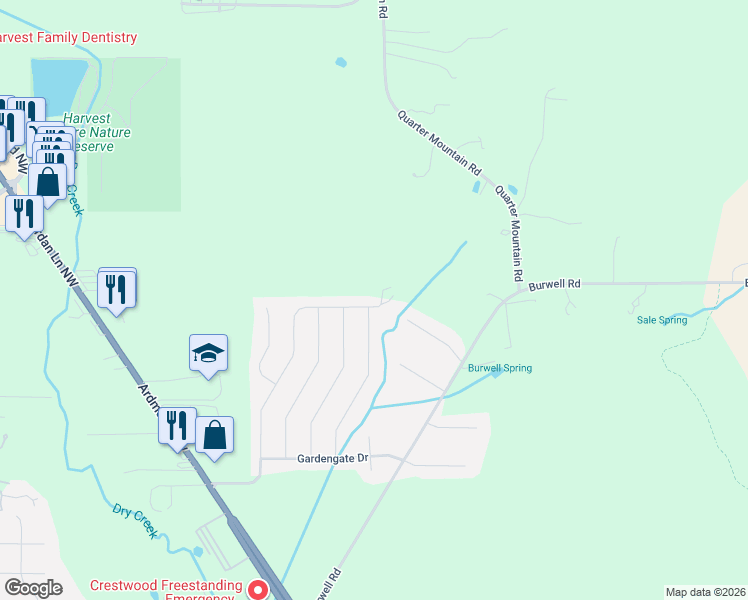 map of restaurants, bars, coffee shops, grocery stores, and more near 198 Green Garden Drive in Harvest