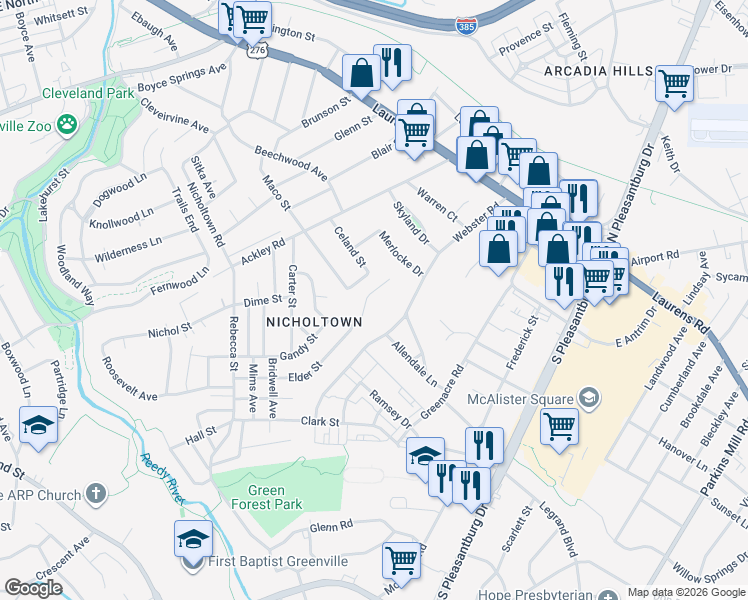 map of restaurants, bars, coffee shops, grocery stores, and more near 314 Elder Street in Greenville