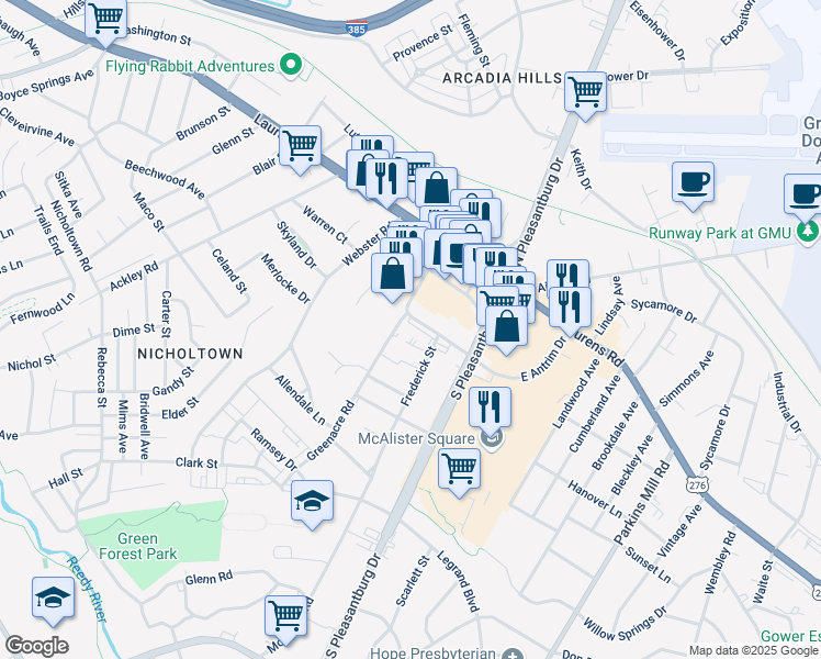 map of restaurants, bars, coffee shops, grocery stores, and more near 125 West Antrim Drive in Greenville