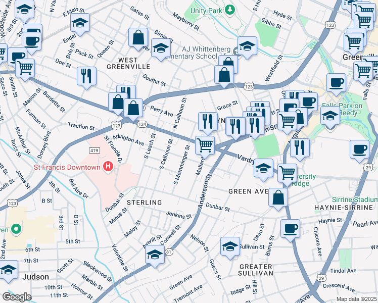 map of restaurants, bars, coffee shops, grocery stores, and more near 9 South Memminger Street in Greenville