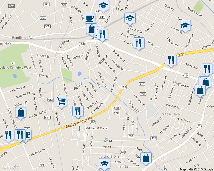 map of restaurants, bars, coffee shops, grocery stores, and more near 22 McArthur Street in Greenville