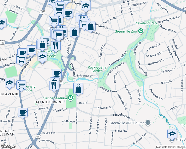 map of restaurants, bars, coffee shops, grocery stores, and more near 164 Ridgeland Drive in Greenville