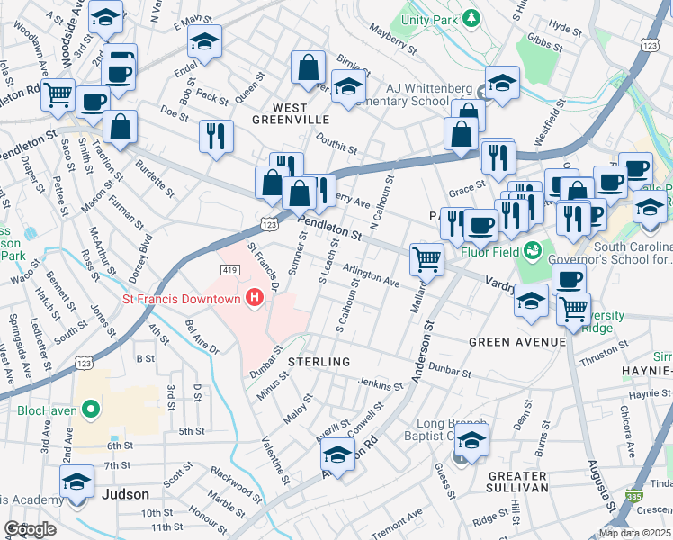map of restaurants, bars, coffee shops, grocery stores, and more near 511 Arlington Avenue in Greenville