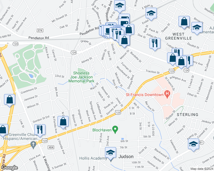 map of restaurants, bars, coffee shops, grocery stores, and more near 17 Jones Street in Greenville