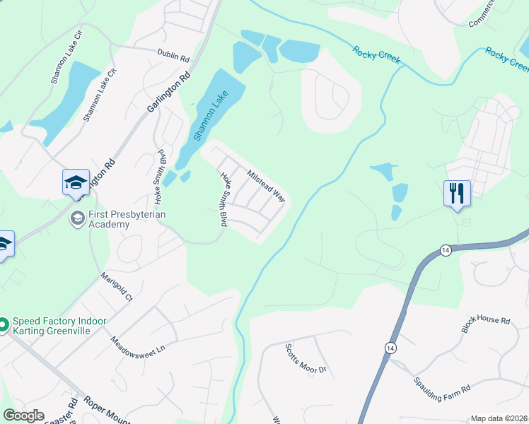 map of restaurants, bars, coffee shops, grocery stores, and more near 11 Stone Meadow Road in Greenville