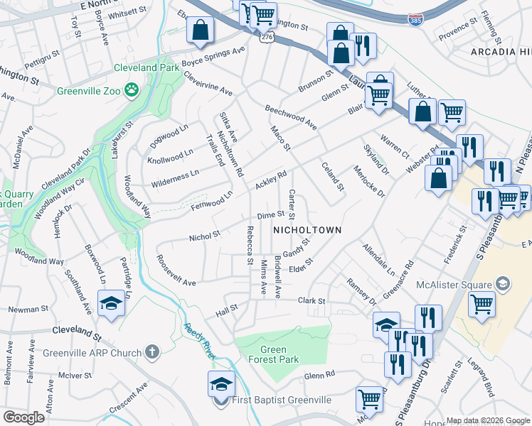 map of restaurants, bars, coffee shops, grocery stores, and more near 122 Dime Street in Greenville