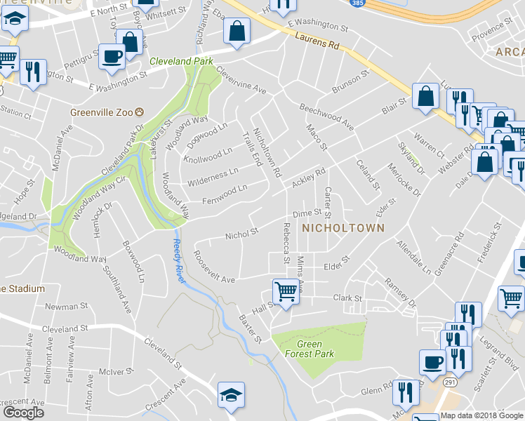 map of restaurants, bars, coffee shops, grocery stores, and more near 60 Washington Court in Greenville
