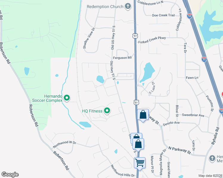 map of restaurants, bars, coffee shops, grocery stores, and more near 837-1277 Old US Highway 51 South in Hernando