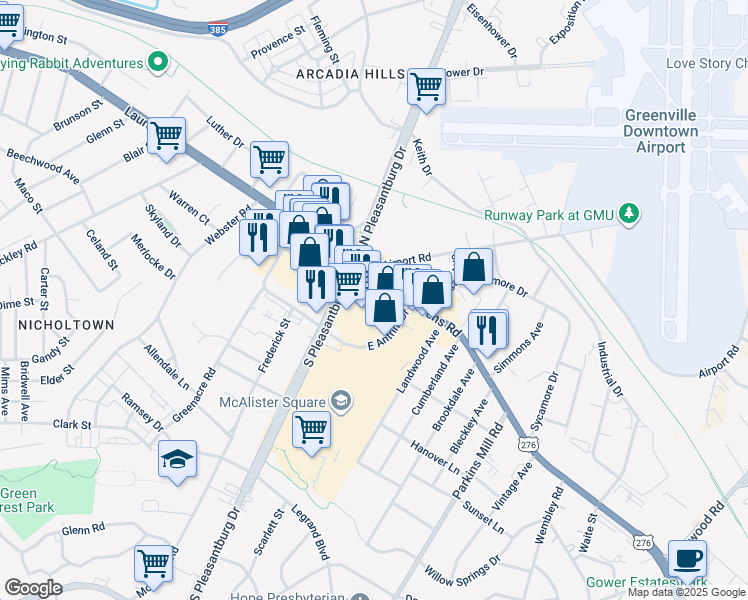 map of restaurants, bars, coffee shops, grocery stores, and more near in Greenville