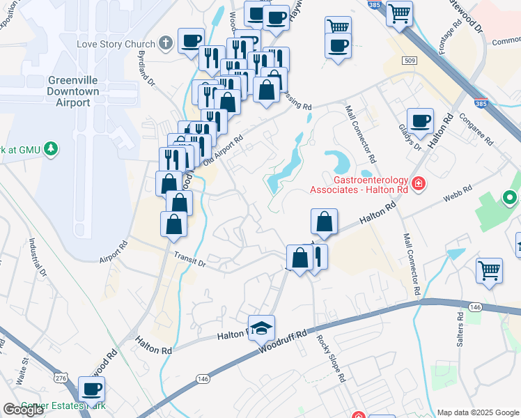 map of restaurants, bars, coffee shops, grocery stores, and more near 36 Tresanton Court in Greenville