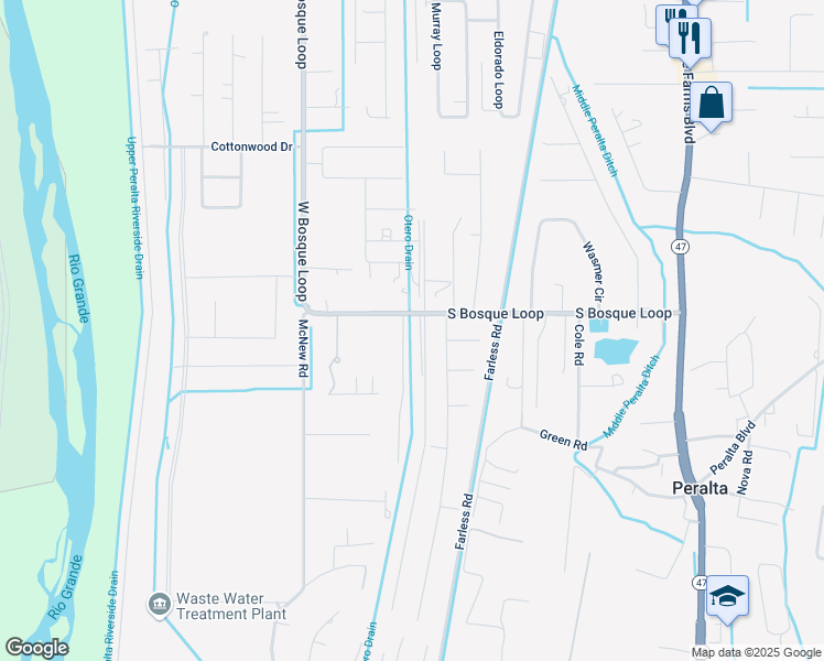 map of restaurants, bars, coffee shops, grocery stores, and more near 2215 Margaret Drive in Bosque Farms
