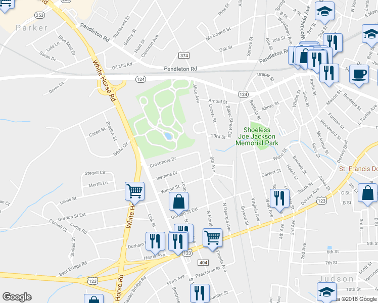 map of restaurants, bars, coffee shops, grocery stores, and more near 33 Crestmore Drive in Greenville