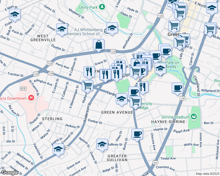 map of restaurants, bars, coffee shops, grocery stores, and more near 1015 South Main Street in Greenville