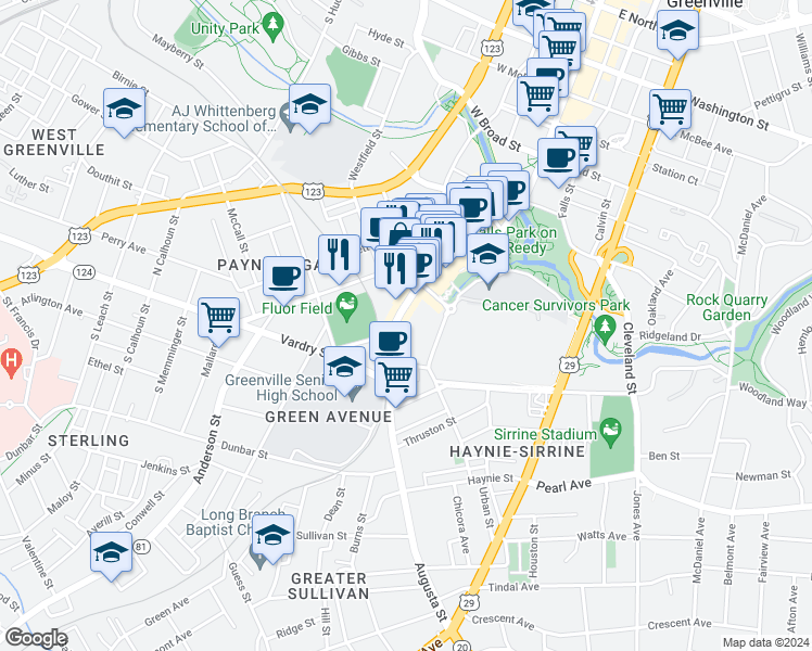 map of restaurants, bars, coffee shops, grocery stores, and more near 153 Augusta Street in Greenville