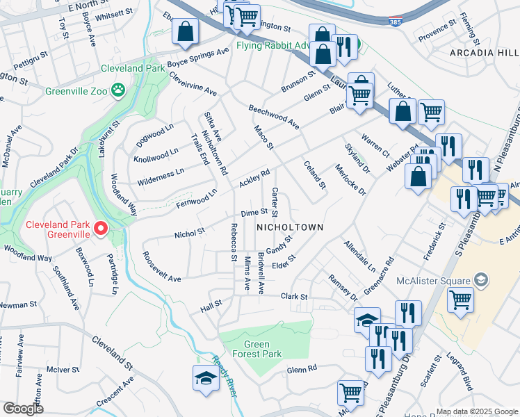 map of restaurants, bars, coffee shops, grocery stores, and more near 122 Dime Street in Greenville