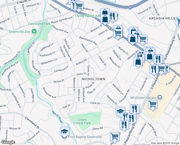 map of restaurants, bars, coffee shops, grocery stores, and more near 119 Carter Street in Greenville