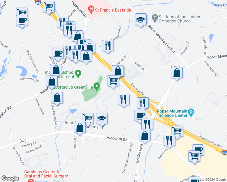 map of restaurants, bars, coffee shops, grocery stores, and more near 748 Congaree Road in Greenville
