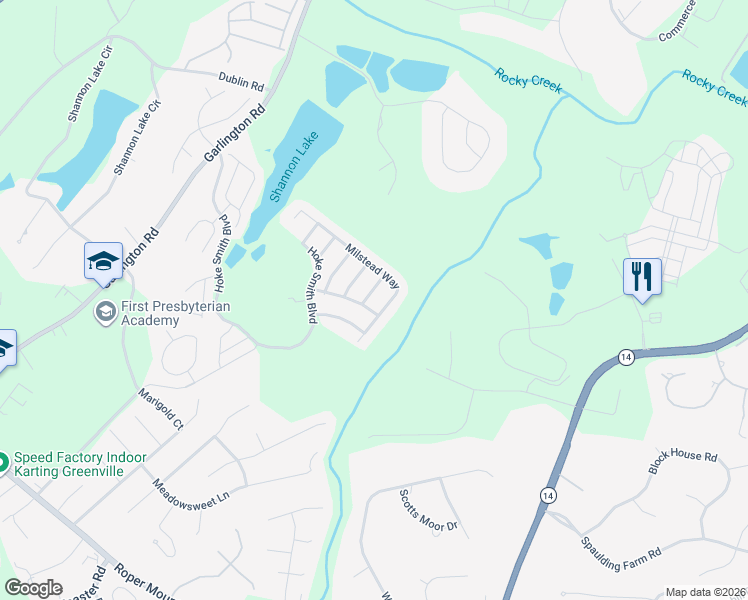 map of restaurants, bars, coffee shops, grocery stores, and more near 11 Stone Meadow Road in Greenville