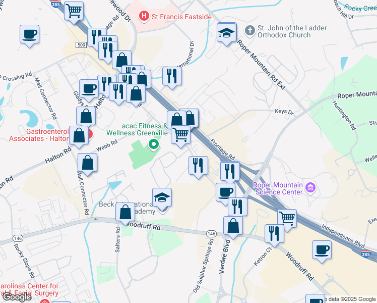 map of restaurants, bars, coffee shops, grocery stores, and more near 748 Congaree Road in Greenville