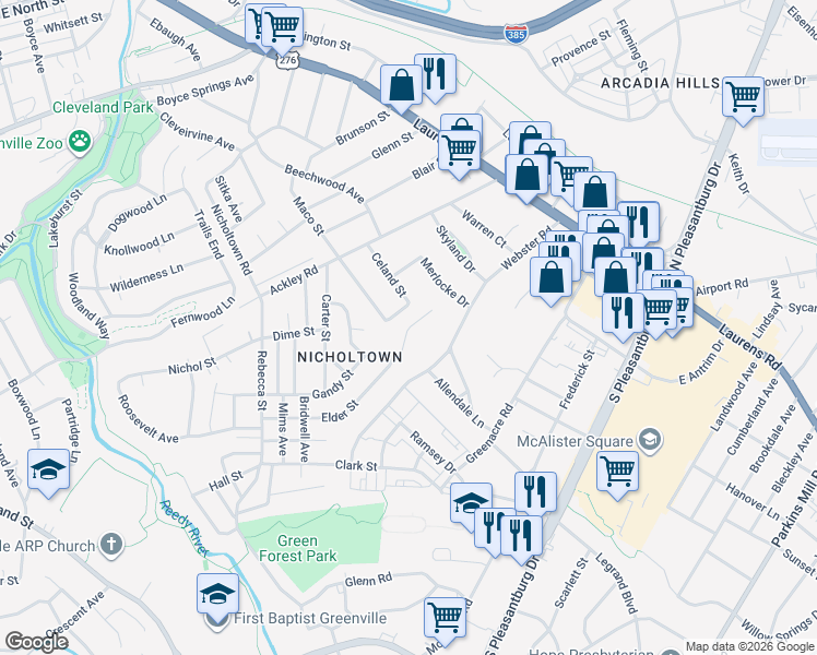 map of restaurants, bars, coffee shops, grocery stores, and more near 314 Elder Street in Greenville