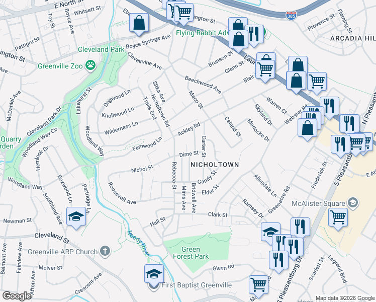 map of restaurants, bars, coffee shops, grocery stores, and more near 122 Dime Street in Greenville