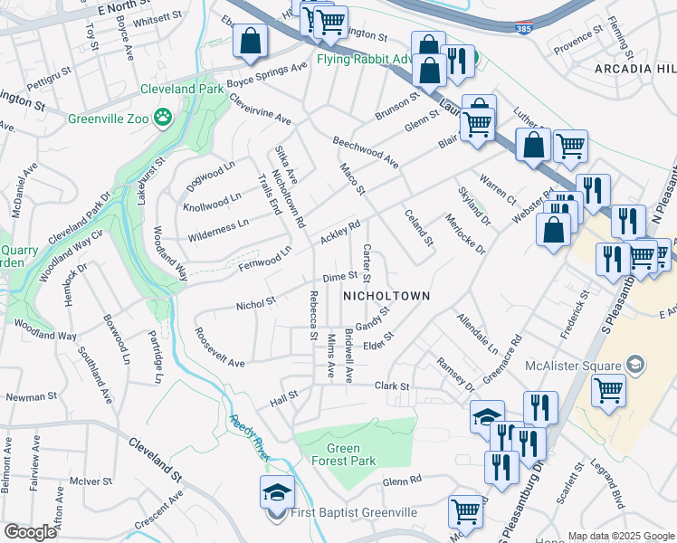 map of restaurants, bars, coffee shops, grocery stores, and more near 122 Dime Street in Greenville