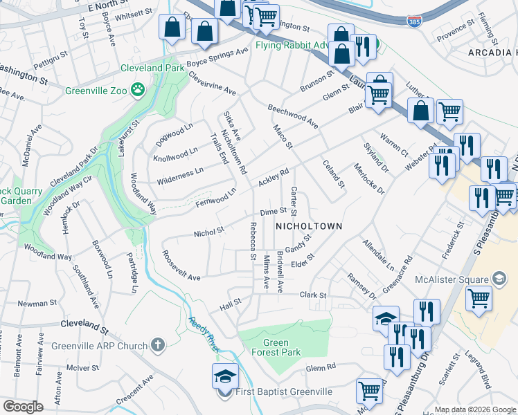 map of restaurants, bars, coffee shops, grocery stores, and more near 16 Rebecca Street in Greenville