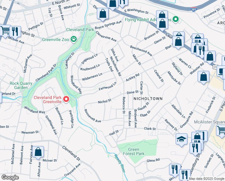 map of restaurants, bars, coffee shops, grocery stores, and more near 60 Washington Court in Greenville