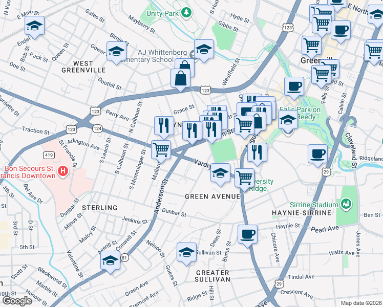 map of restaurants, bars, coffee shops, grocery stores, and more near 1015 South Main Street in Greenville