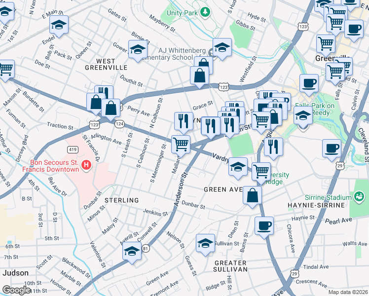 map of restaurants, bars, coffee shops, grocery stores, and more near 1 Mallard Street in Greenville