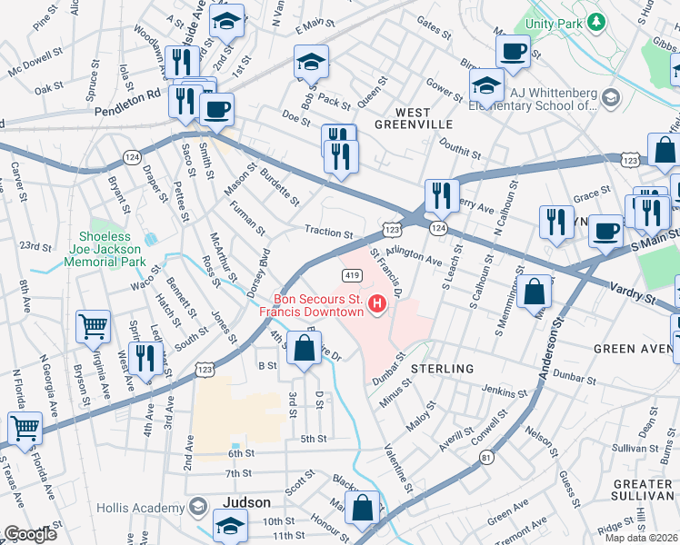 map of restaurants, bars, coffee shops, grocery stores, and more near 9772 Andrews Street in Greenville