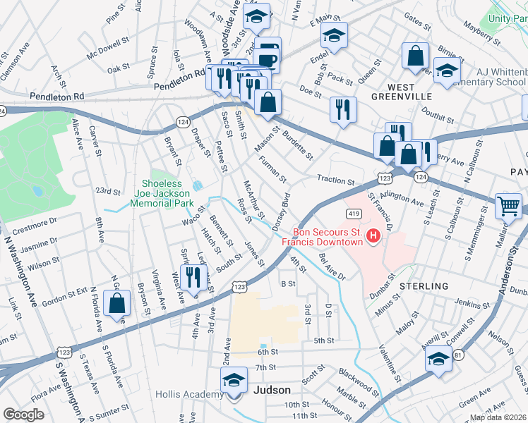 map of restaurants, bars, coffee shops, grocery stores, and more near 22 McArthur Street in Greenville
