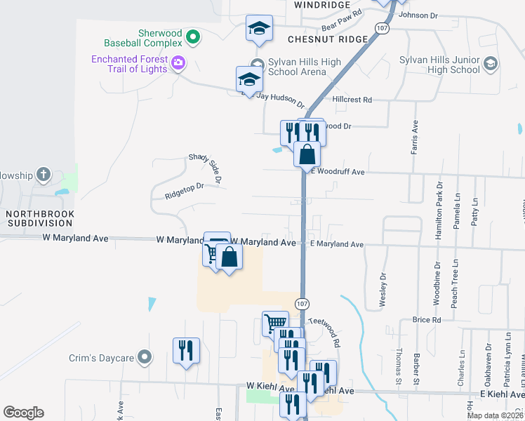 map of restaurants, bars, coffee shops, grocery stores, and more near 106 Robin Glen Drive in Sherwood