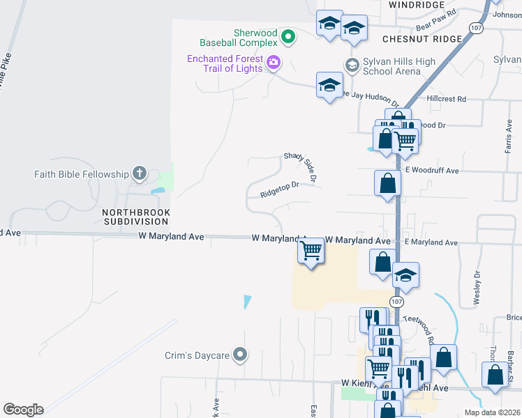 map of restaurants, bars, coffee shops, grocery stores, and more near 3172 Woodruff Creek Drive in Sherwood