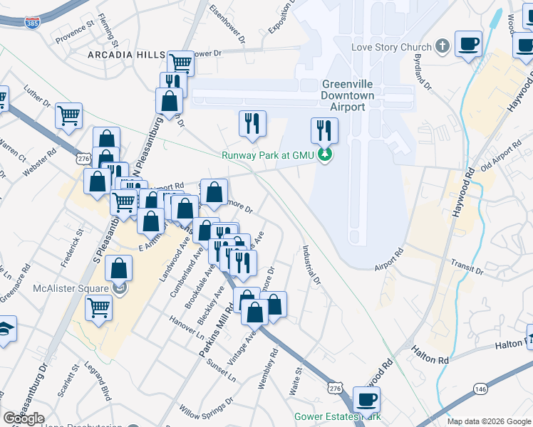 map of restaurants, bars, coffee shops, grocery stores, and more near 200 Sycamore Drive in Greenville