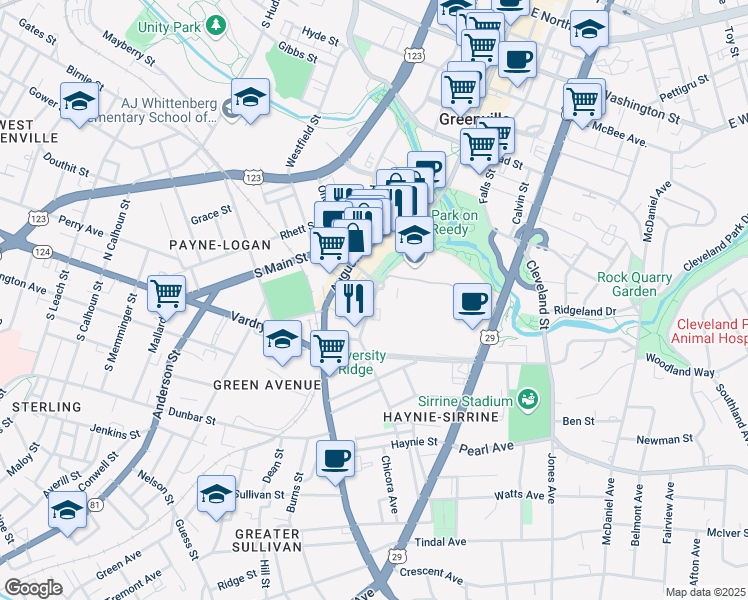 map of restaurants, bars, coffee shops, grocery stores, and more near 301 University Ridge in Greenville