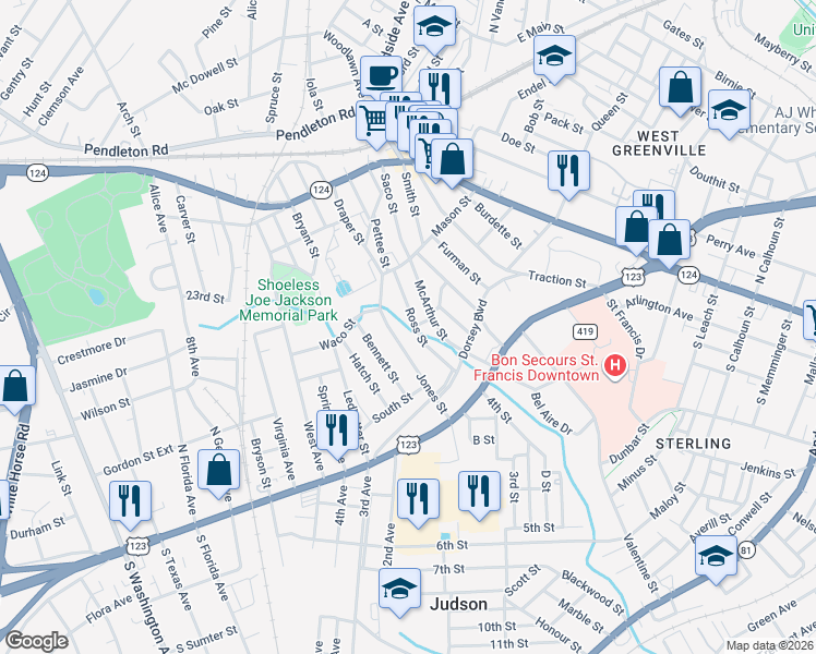 map of restaurants, bars, coffee shops, grocery stores, and more near 15 Ross Street in Greenville