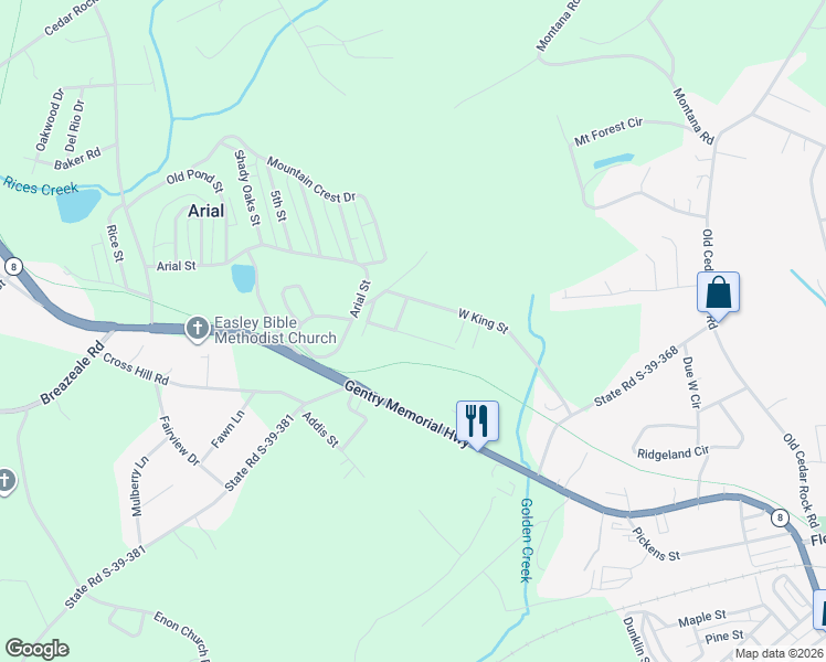 map of restaurants, bars, coffee shops, grocery stores, and more near 203 Cornerwood in Easley