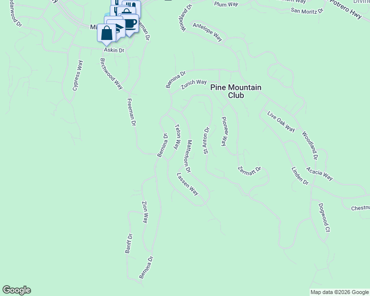 map of restaurants, bars, coffee shops, grocery stores, and more near 1905 Matterhorn Drive in Pine Mountain Club