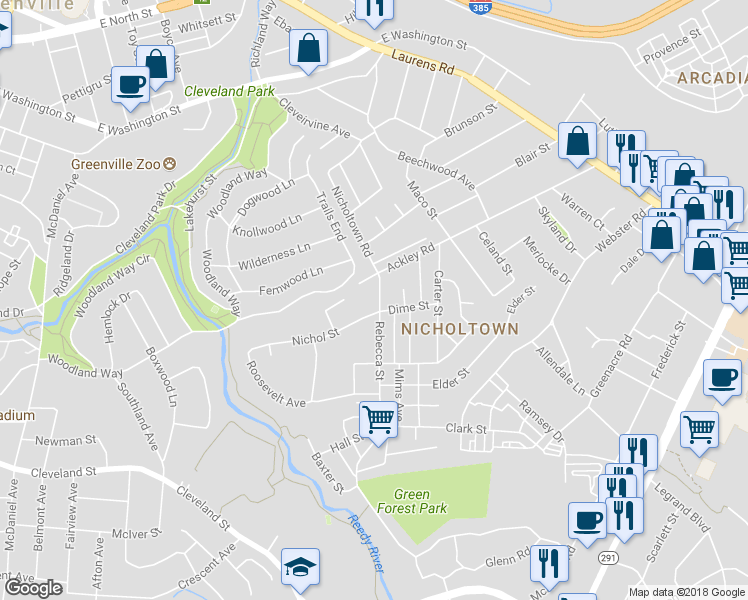 map of restaurants, bars, coffee shops, grocery stores, and more near 16 Rebecca Street in Greenville