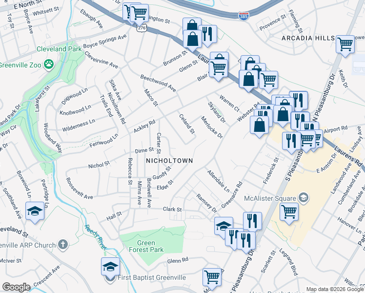 map of restaurants, bars, coffee shops, grocery stores, and more near 234 Maco Terrace in Greenville
