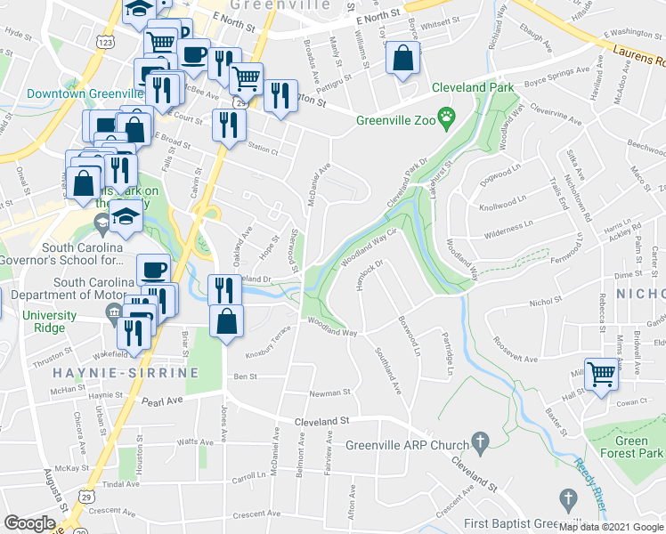 map of restaurants, bars, coffee shops, grocery stores, and more near Greenville Health System Swamp Rabbit Trail in Greenville