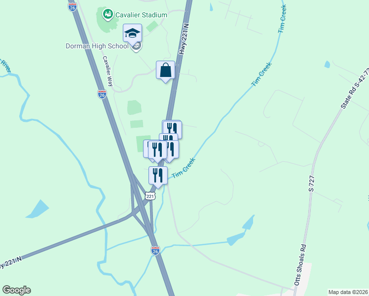 map of restaurants, bars, coffee shops, grocery stores, and more near 6167 U.S. 221 in Roebuck
