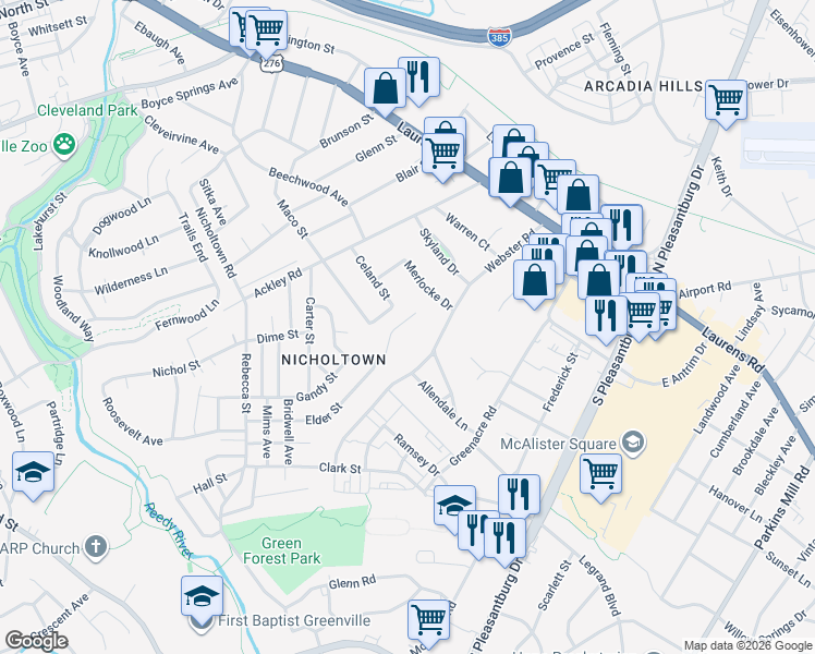 map of restaurants, bars, coffee shops, grocery stores, and more near 314 Elder Street in Greenville